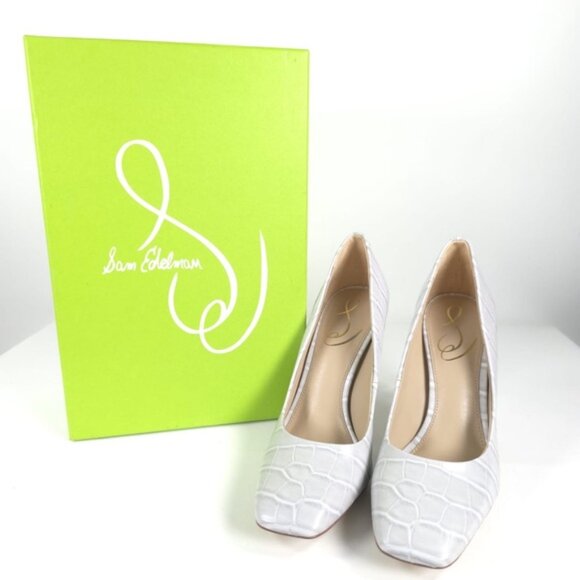 NWB SAM EDELMAN LEATHER UPPER BETH GREY CROCPRT PU Pumps Stiletto Heel Sz 6M